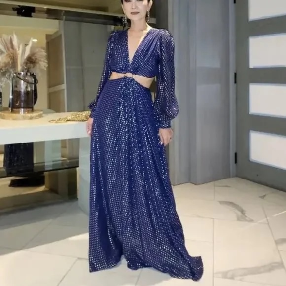 Delfi Collective Cerise Cutout Navy Blue Metallic Gold Dotted Gown Dress S - Picture 9 of 11